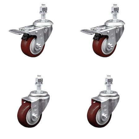 Service Caster 3 Inch SS Maroon Poly 12mm Threaded Stem Caster Total Lock Brake SCC, 2PK SCC-SSTSTTL20S314-PPUB-MRN-M1215-2S2